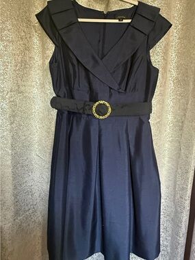 Tahari Navy V-Neck Sleeveless Belted Dress with Gold Buckle